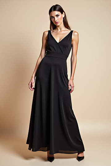 V-Neck Satin Long Black Tie Dress